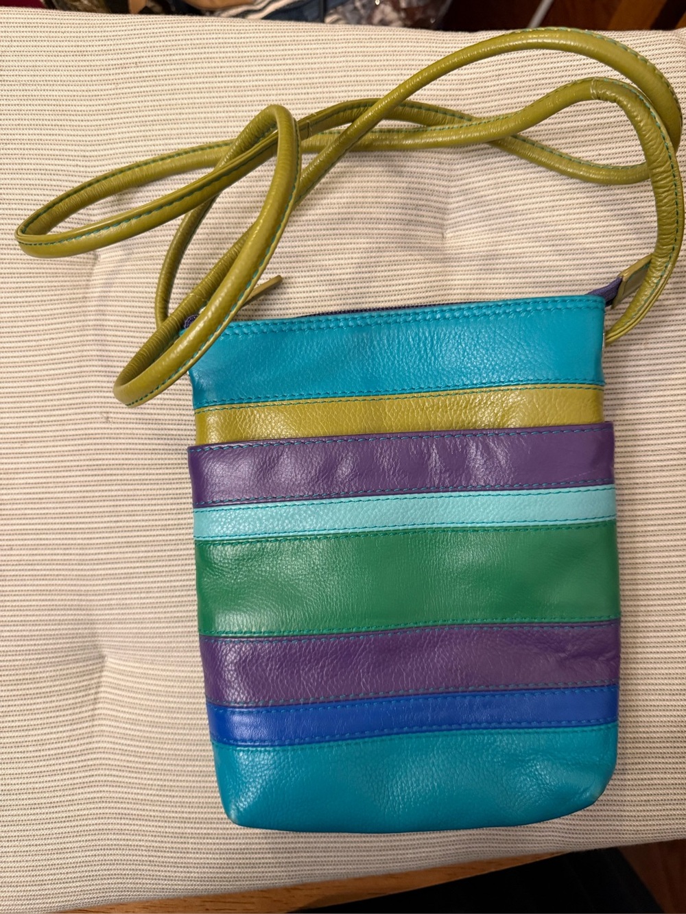 Colorblock Stripe Leather Crossbody Bag - Green, Teal, Purple